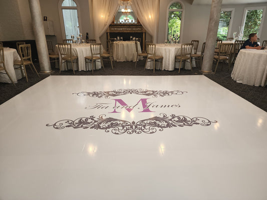 Custom Wedding Decal Dance Floor Wrap Gloss Removable Vinyl. Monogram Print and Vinyl to cover the entire dancefloor. Wedding logo design
