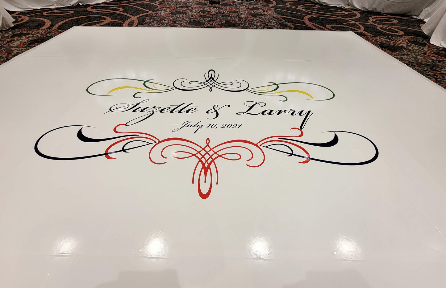 Custom Wedding Decal Dance Floor Wrap Gloss Removable Vinyl. Monogram Print and Vinyl to cover the entire dancefloor. Wedding logo design