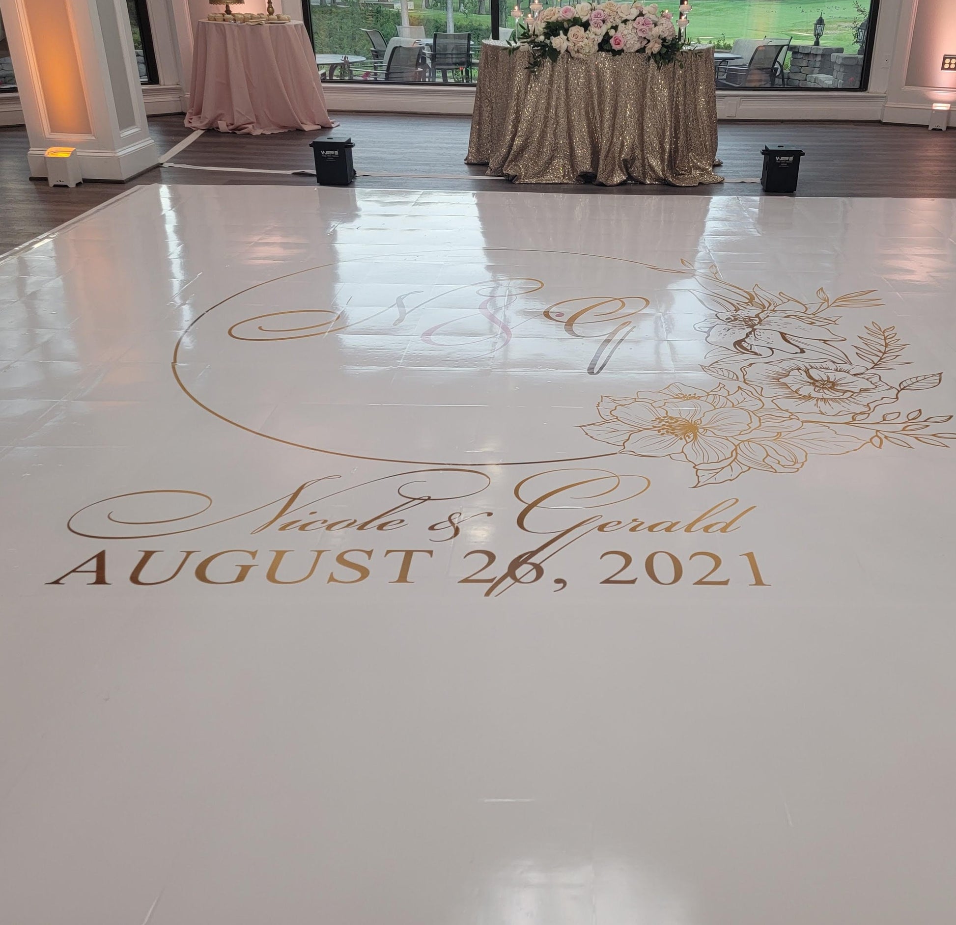 Custom Wedding Decal Dance Floor Wrap Gloss Removable Vinyl. Monogram Print and Vinyl to cover the entire dancefloor. Wedding logo design