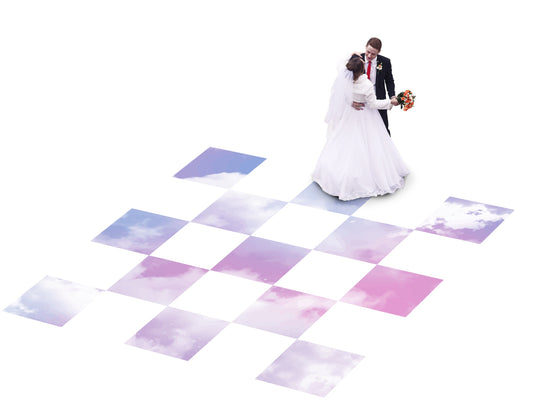 Custom Wedding Decal Dance Floor Wrap Gloss Removable Vinyl. Unique sky cloud floor design. Checkerboard design. Wedding logo. Free shipping
