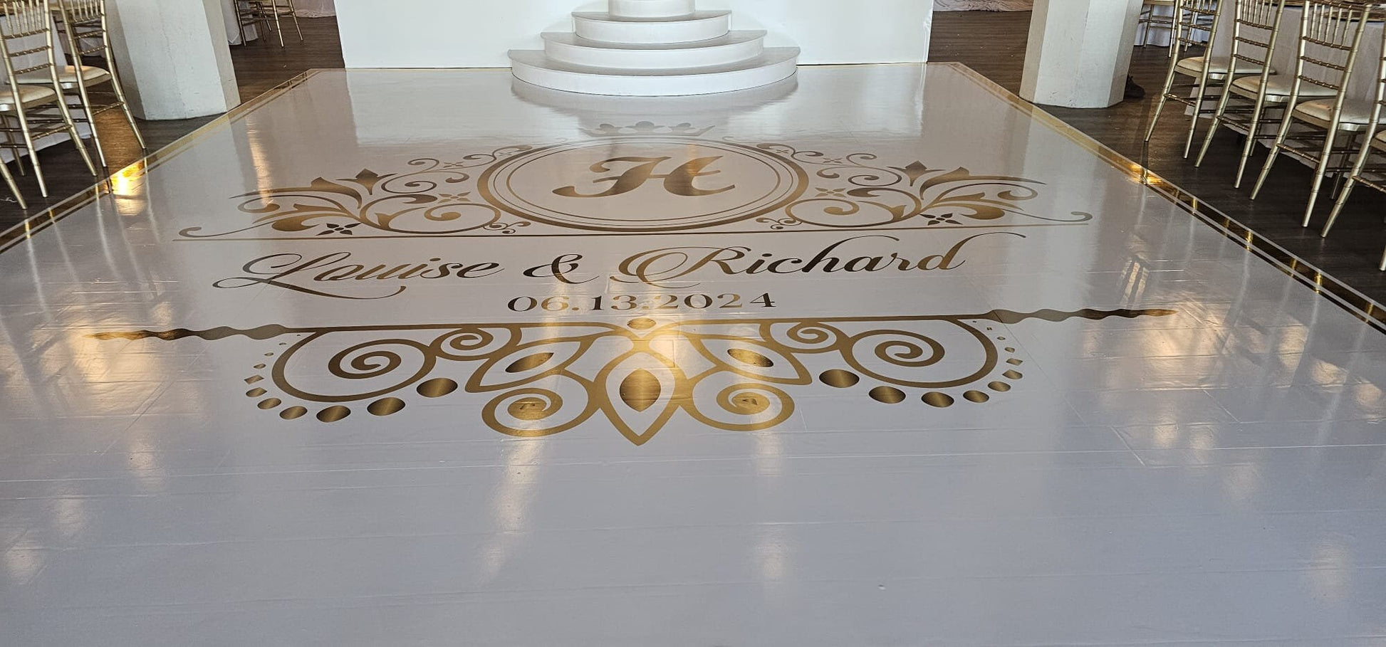 Custom Wedding Decal Dance Floor Wrap Gloss Removable Vinyl. Monogram Print and Vinyl to cover the entire dancefloor. Wedding logo design