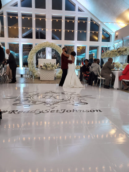 Custom Wedding Decal Dance Floor Wrap Gloss Removable Vinyl. Monogram Print and Vinyl to cover the entire dancefloor. Wedding logo design