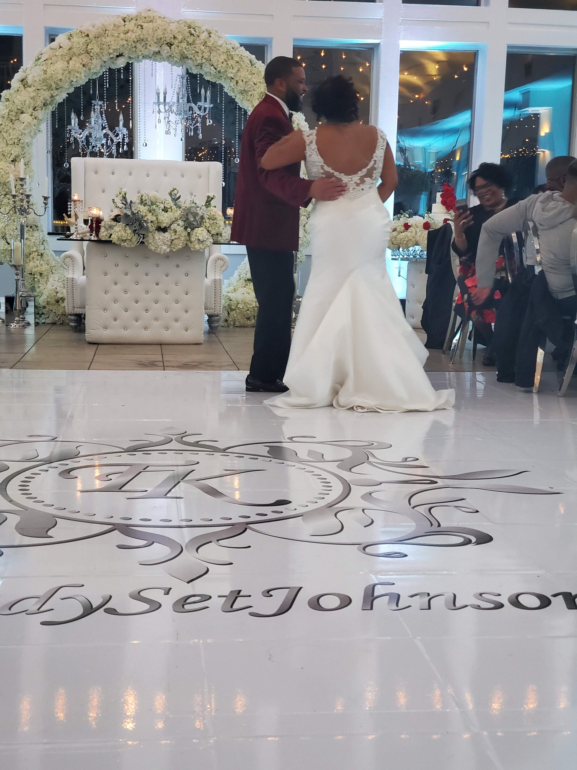 Custom Wedding Decal Dance Floor Wrap Gloss Removable Vinyl. Monogram Print and Vinyl to cover the entire dancefloor. Wedding logo design