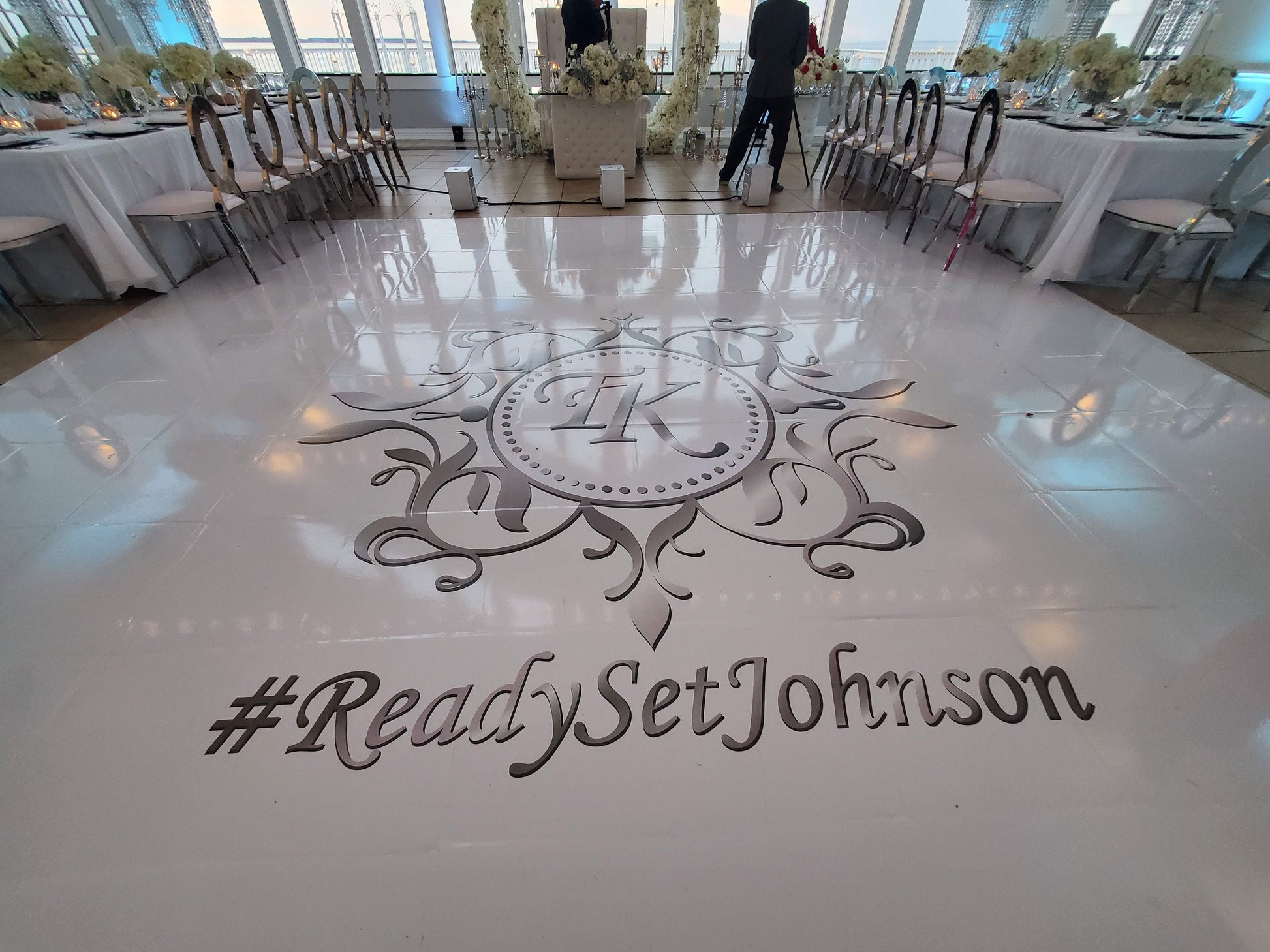 Custom Wedding Decal Dance Floor Wrap Gloss Removable Vinyl. Monogram Print and Vinyl to cover the entire dancefloor. Wedding logo design