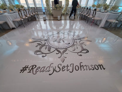 Custom Wedding Decal Dance Floor Wrap Gloss Removable Vinyl. Monogram Print and Vinyl to cover the entire dancefloor. Wedding logo design