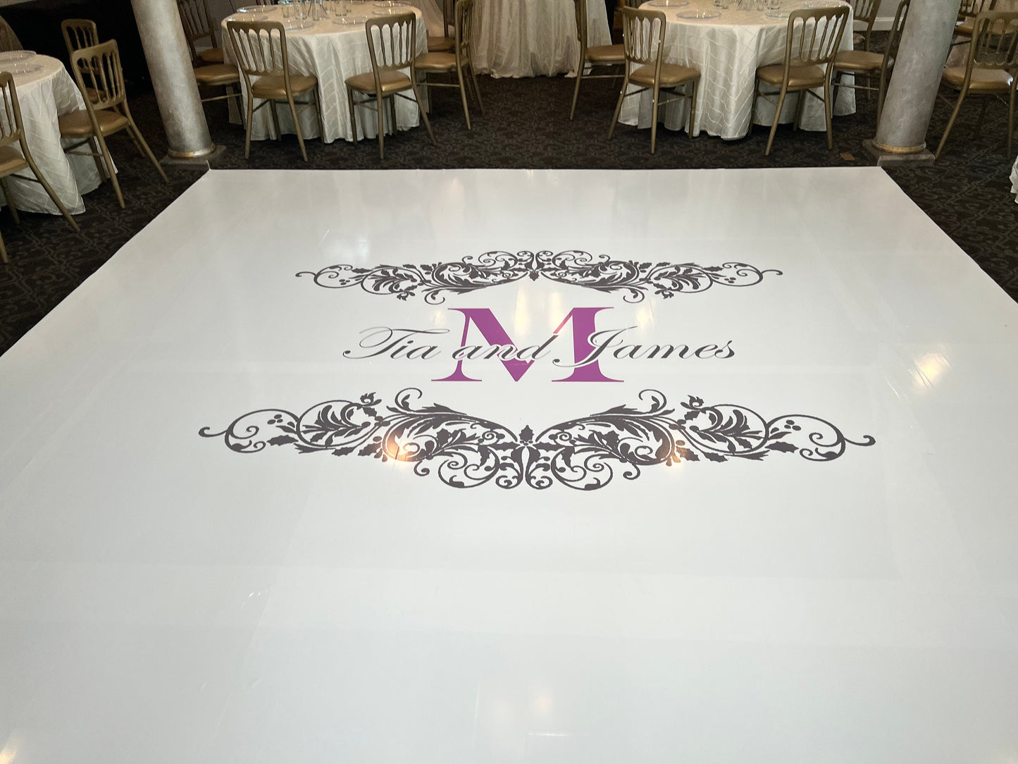 Custom Wedding Decal Dance Floor Wrap Gloss Removable Vinyl. Monogram Print and Vinyl to cover the entire dancefloor. Wedding logo design