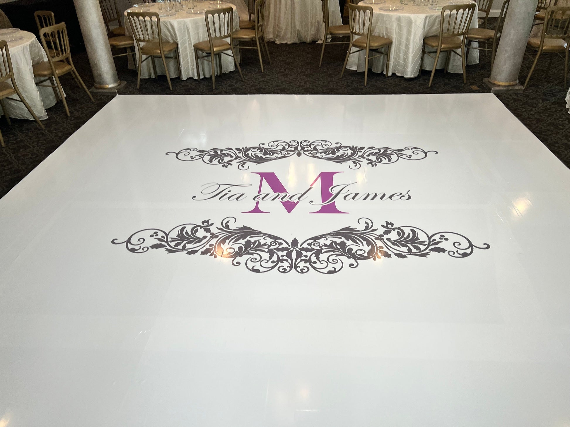 Custom Wedding Decal Dance Floor Wrap Gloss Removable Vinyl. Monogram Print and Vinyl to cover the entire dancefloor. Wedding logo design