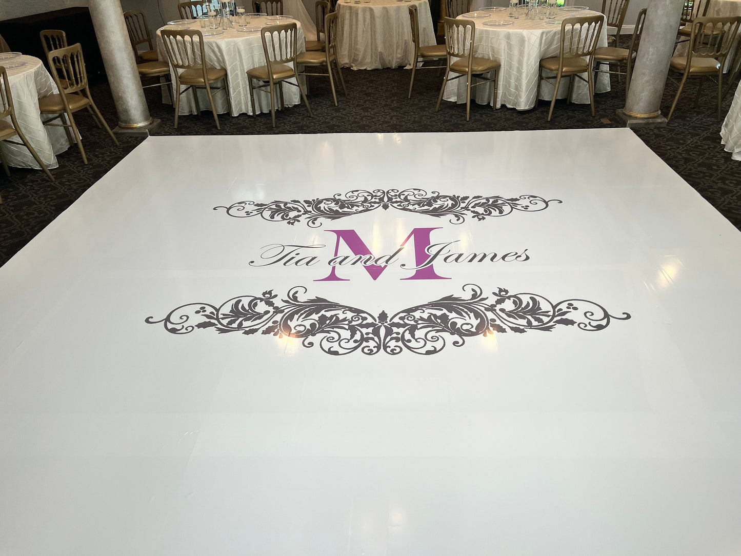 Custom Wedding Decal Dance Floor Wrap Gloss Removable Vinyl. Monogram Print and Vinyl to cover the entire dancefloor. Wedding logo design