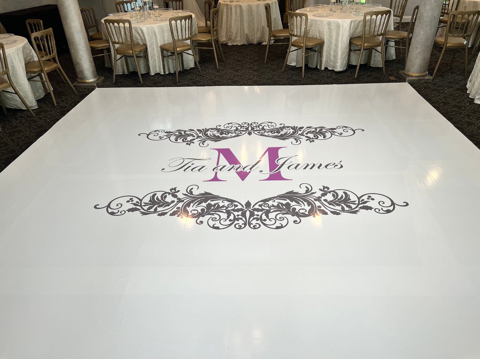 Custom Wedding Decal Dance Floor Wrap Gloss Removable Vinyl. Monogram Print and Vinyl to cover the entire dancefloor. Wedding logo design
