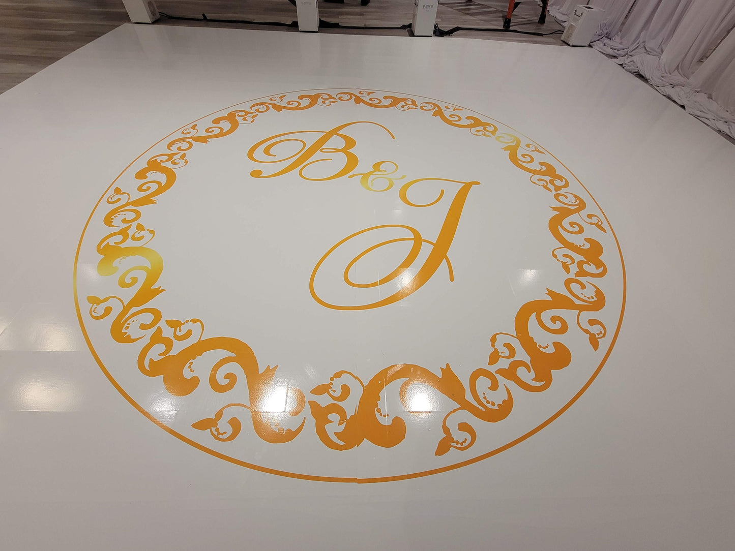 Custom Wedding Decal Dance Floor Wrap Gloss Removable Vinyl. Monogram Print and Vinyl to cover the entire dancefloor. Wedding logo design