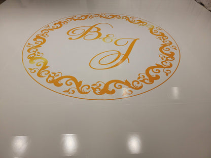 Custom Wedding Decal Dance Floor Wrap Gloss Removable Vinyl. Monogram Print and Vinyl to cover the entire dancefloor. Wedding logo design