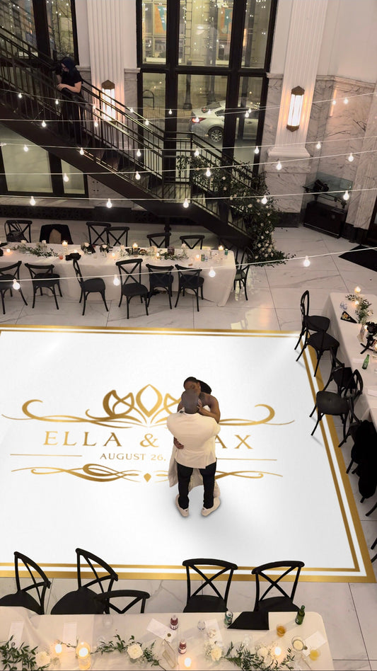 Custom Wedding Decal Dance Floor Wrap Gloss Removable Vinyl. Monogram Print and Vinyl to cover the entire dancefloor. Wedding logo design