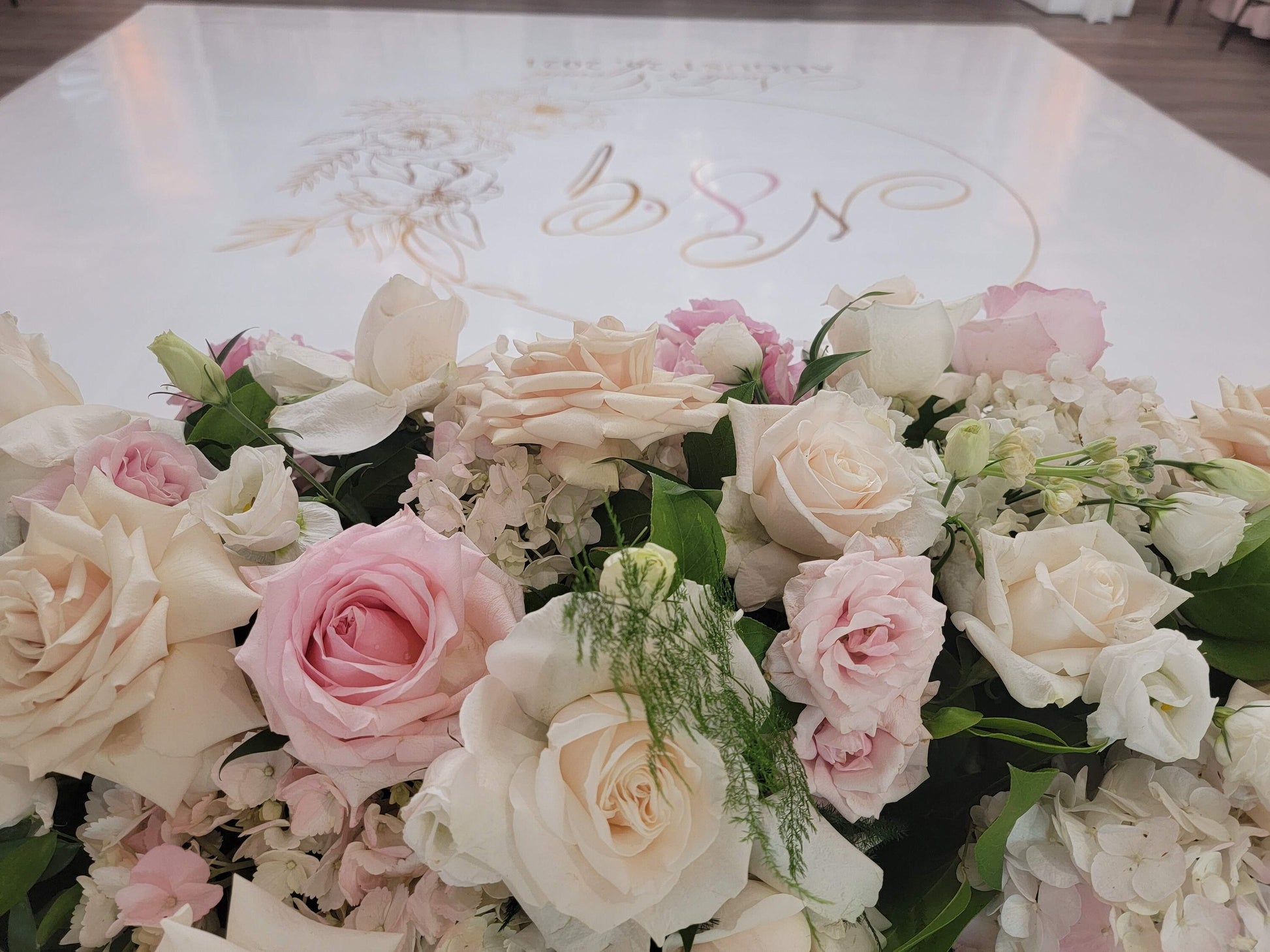 Custom Wedding Decal Dance Floor Wrap Gloss Removable Vinyl. Monogram Print and Vinyl to cover the entire dancefloor. Wedding logo design