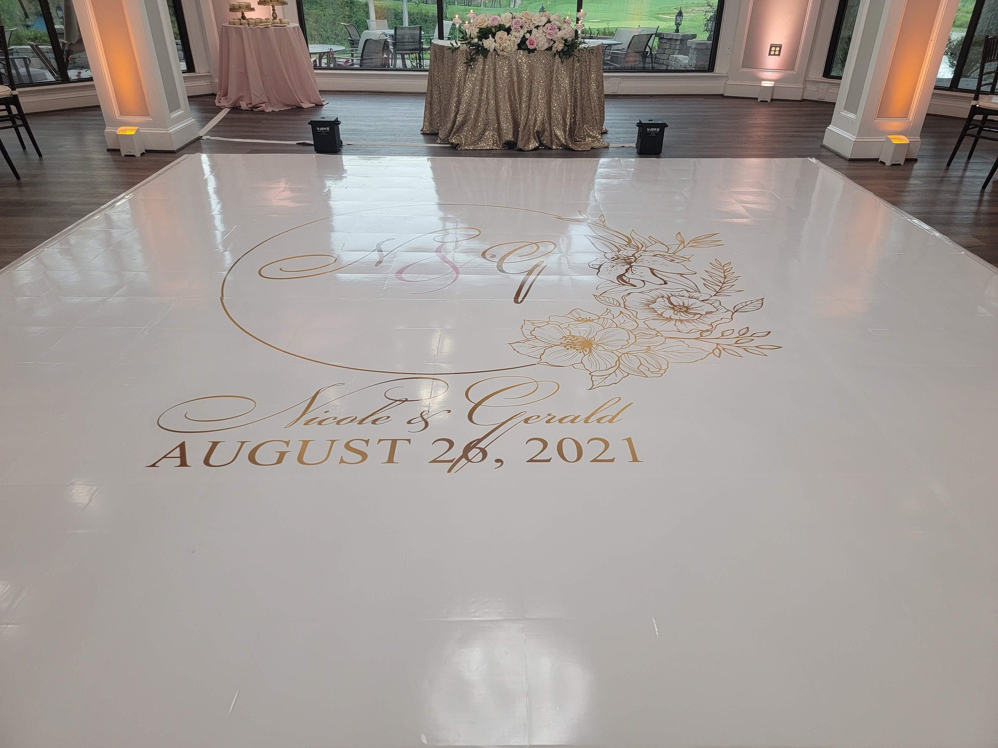 Custom Wedding Decal Dance Floor Wrap Gloss Removable Vinyl. Monogram Print and Vinyl to cover the entire dancefloor. Wedding logo design