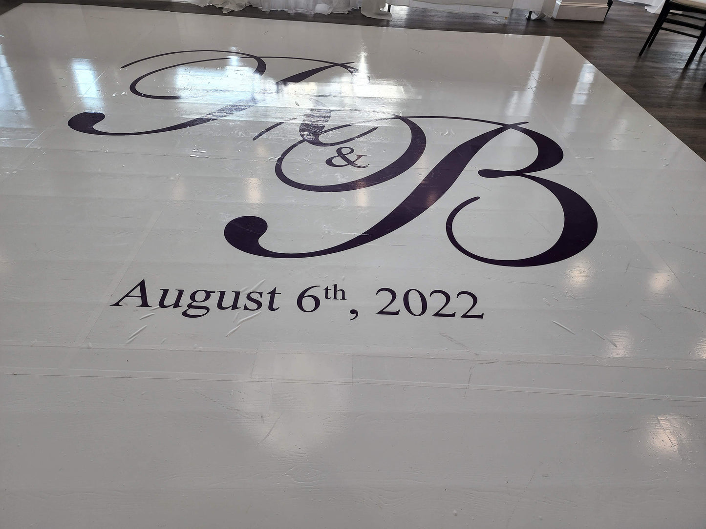 Custom Wedding Decal Dance Floor Wrap Gloss Removable Vinyl. Monogram Print and Vinyl to cover the entire dancefloor. Wedding logo design