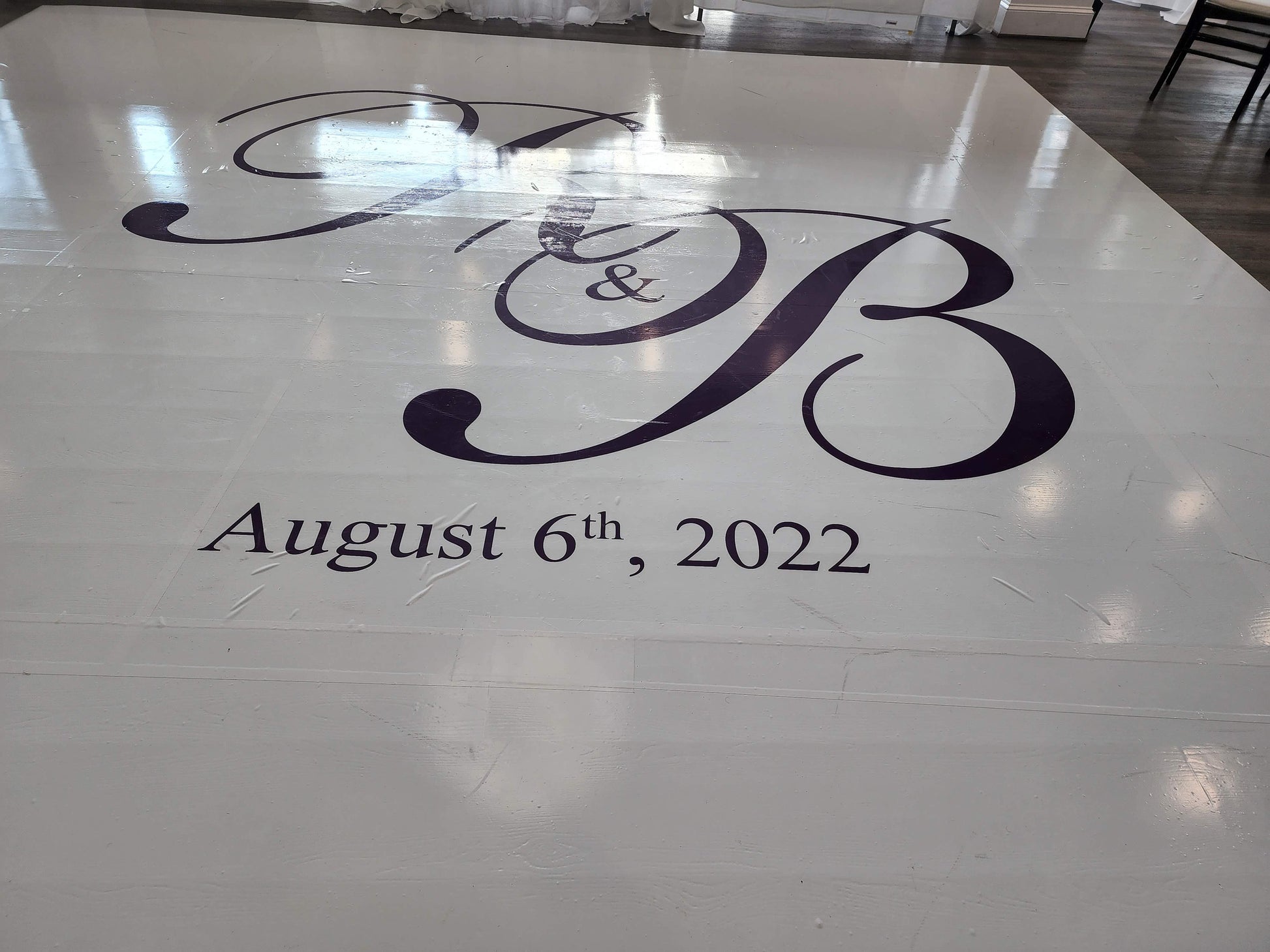 Custom Wedding Decal Dance Floor Wrap Gloss Removable Vinyl. Monogram Print and Vinyl to cover the entire dancefloor. Wedding logo design