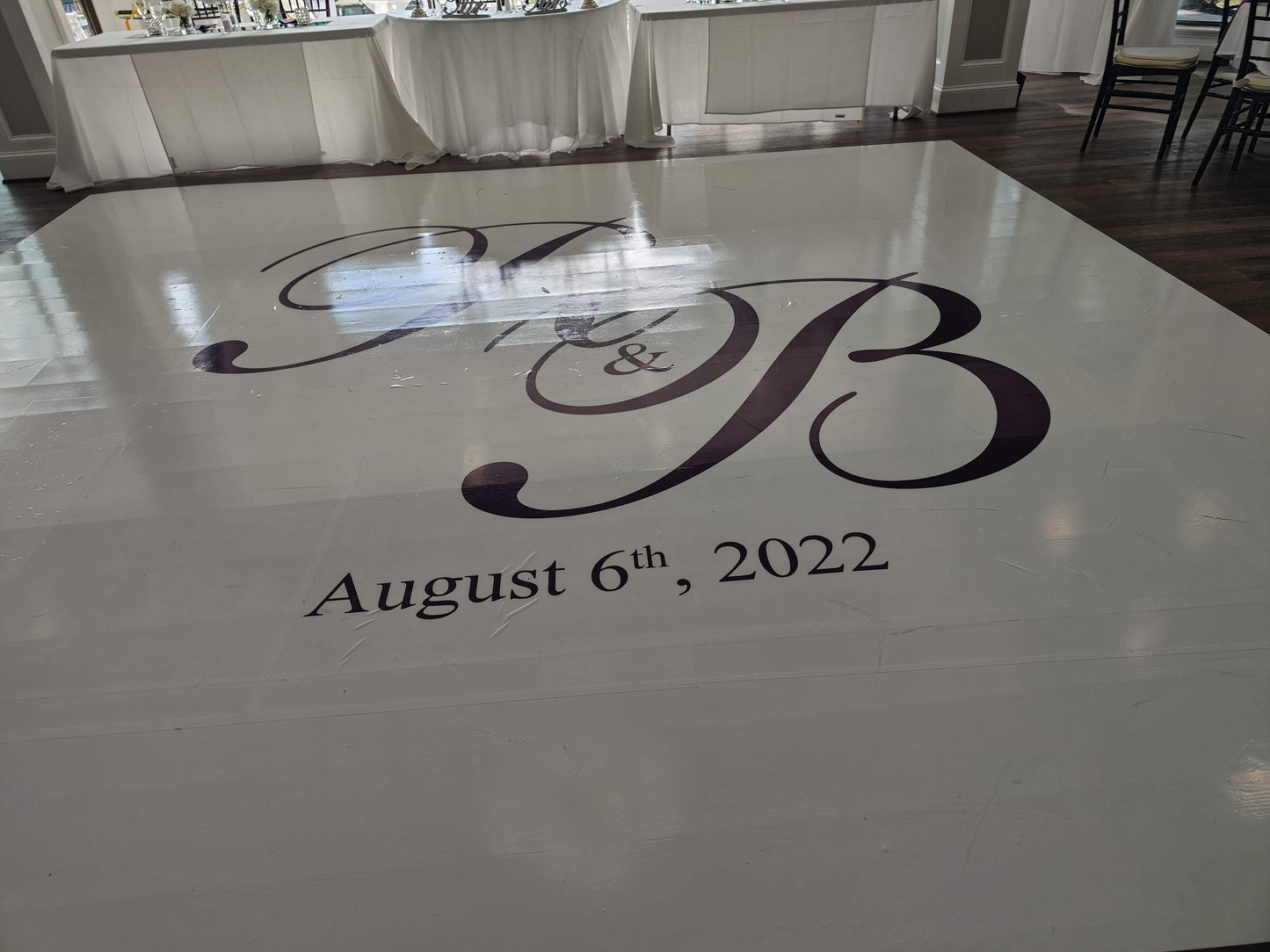 Custom Wedding Decal Dance Floor Wrap Gloss Removable Vinyl. Monogram Print and Vinyl to cover the entire dancefloor. Wedding logo design