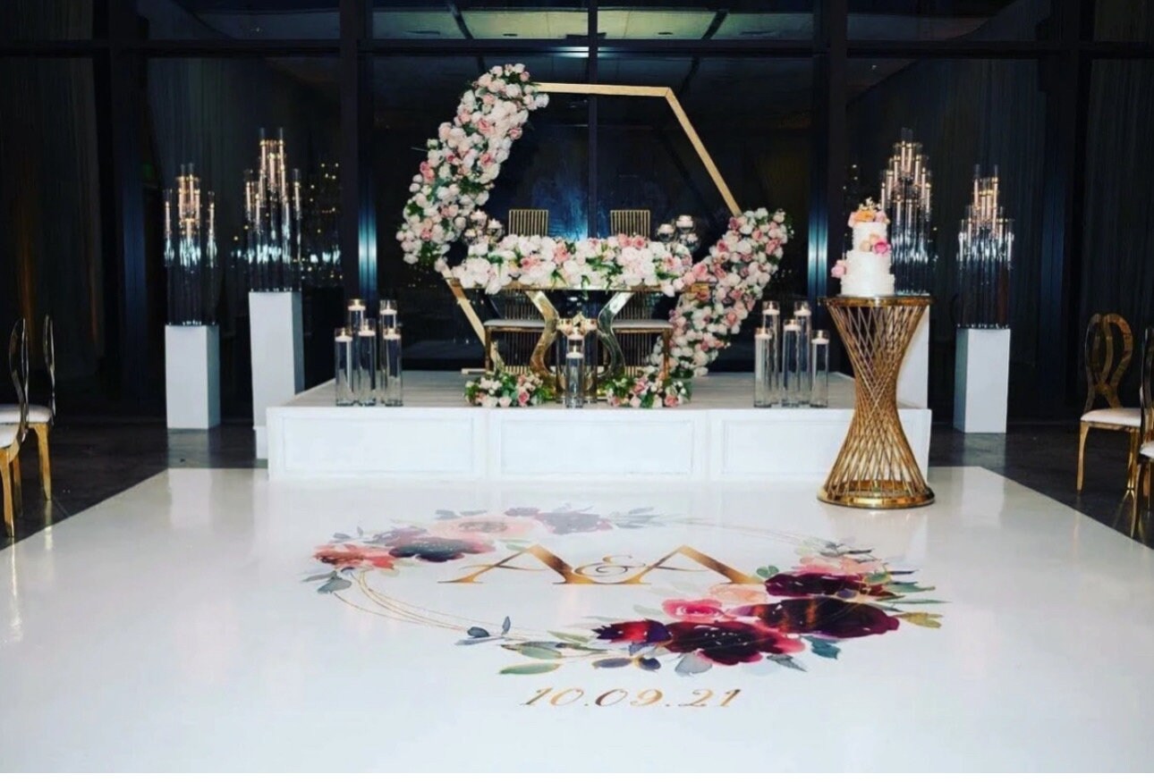 Custom Wedding Decal Dance Floor Wrap Gloss Removable Vinyl. Monogram Print and Vinyl to cover the entire dancefloor. Wedding logo design