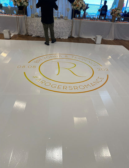 Custom Wedding Decal Dance Floor Wrap Gloss Removable Vinyl. Monogram Print and Vinyl to cover the entire dancefloor. Wedding logo design