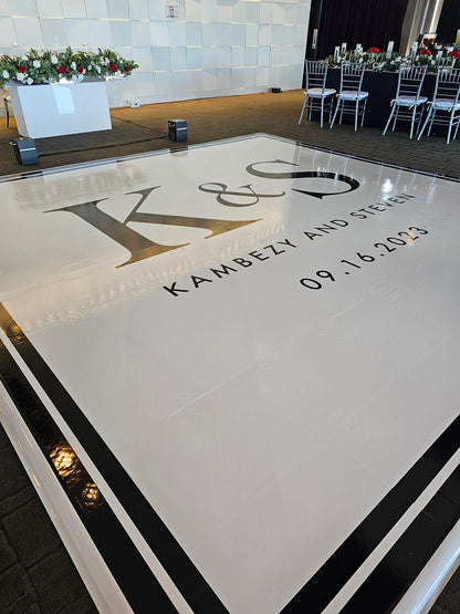 Custom Wedding Decal Dance Floor Wrap Gloss Removable Vinyl. Monogram Print and Vinyl to cover the entire dancefloor. Wedding logo design