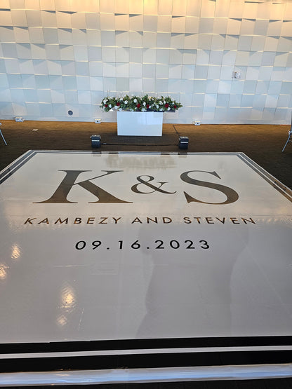 Custom Wedding Decal Dance Floor Wrap Gloss Removable Vinyl. Monogram Print and Vinyl to cover the entire dancefloor. Wedding logo design