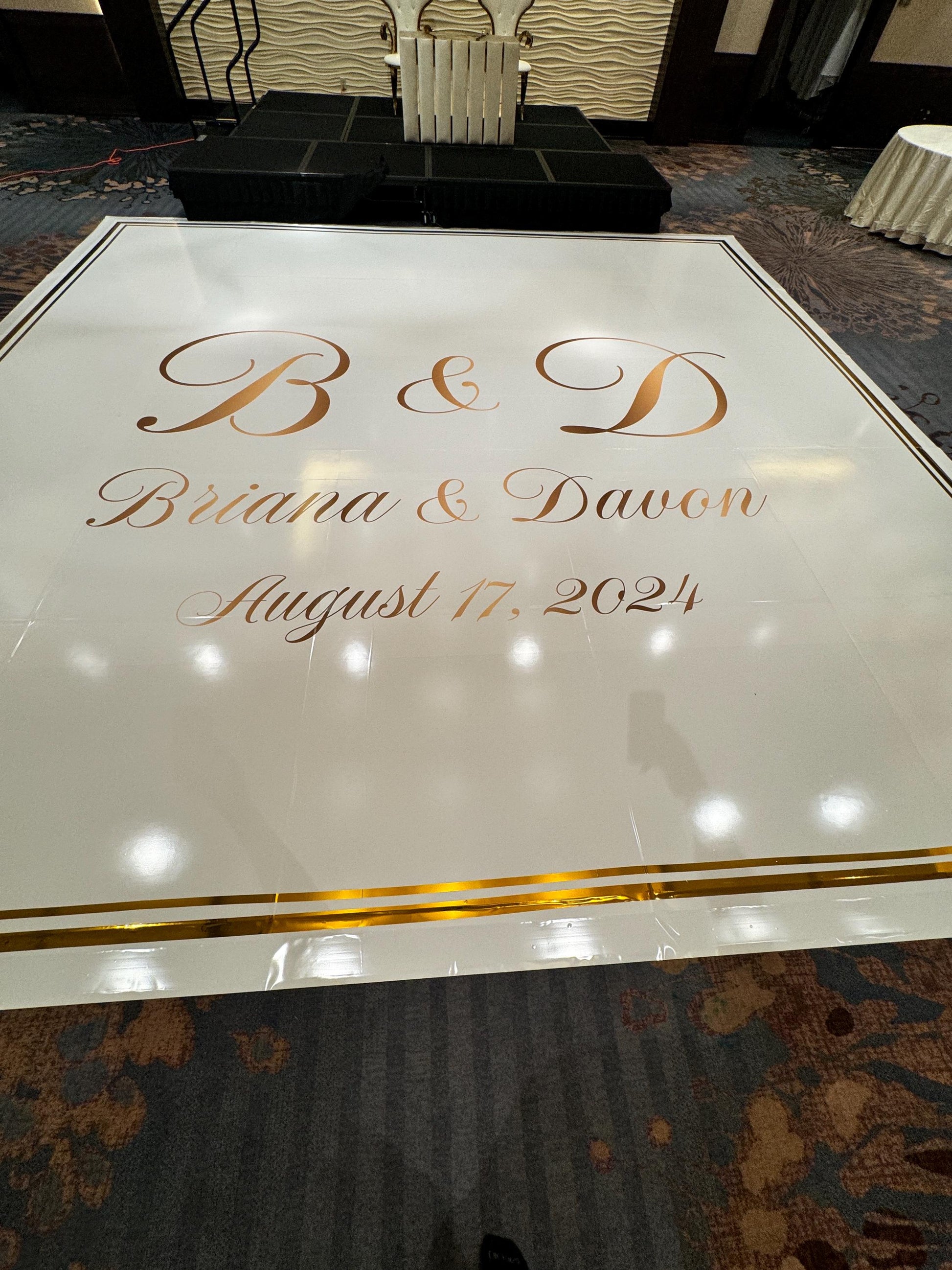 Custom Wedding Decal Dance Floor Wrap Gloss Removable Vinyl. Monogram Print and Vinyl to cover the entire dancefloor. Wedding logo design