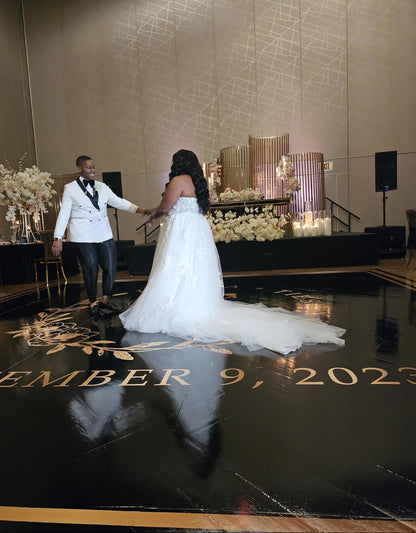 Custom Wedding Decal Dance Floor Wrap Gloss Removable Vinyl. Monogram Print and Vinyl to cover the entire dancefloor. Wedding logo design