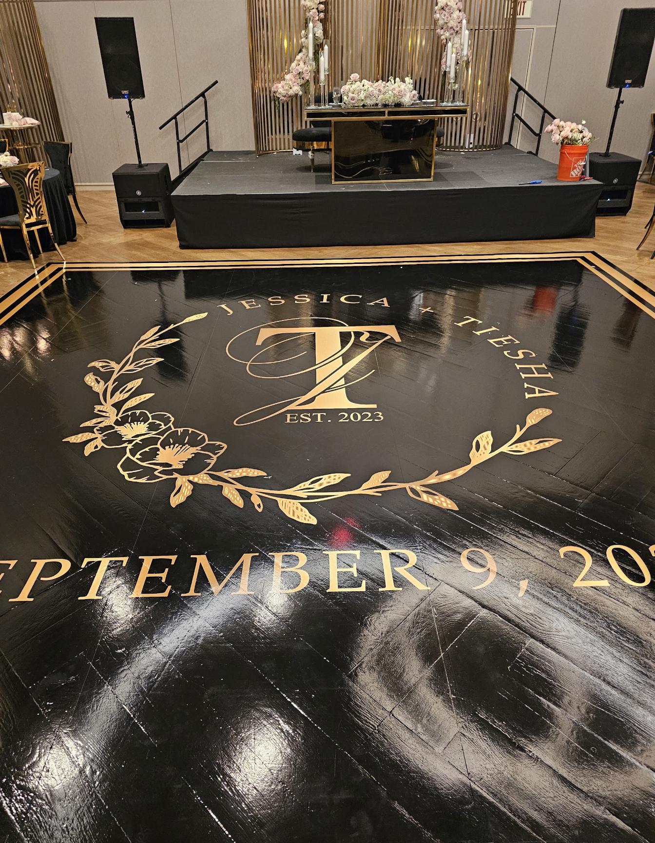 Custom Wedding Decal Dance Floor Wrap Gloss Removable Vinyl. Monogram Print and Vinyl to cover the entire dancefloor. Wedding logo design
