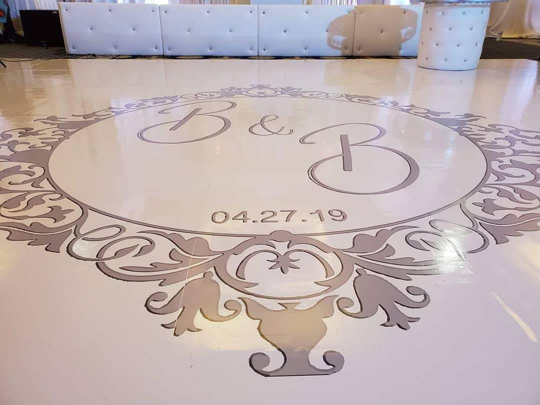 Custom Wedding Decal Dance Floor Wrap Gloss Removable Vinyl. Monogram Print and Vinyl to cover the entire dancefloor. Wedding logo design