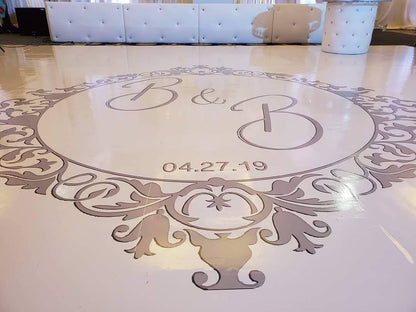 Custom Wedding Decal Dance Floor Wrap Gloss Removable Vinyl. Monogram Print and Vinyl to cover the entire dancefloor. Wedding logo design