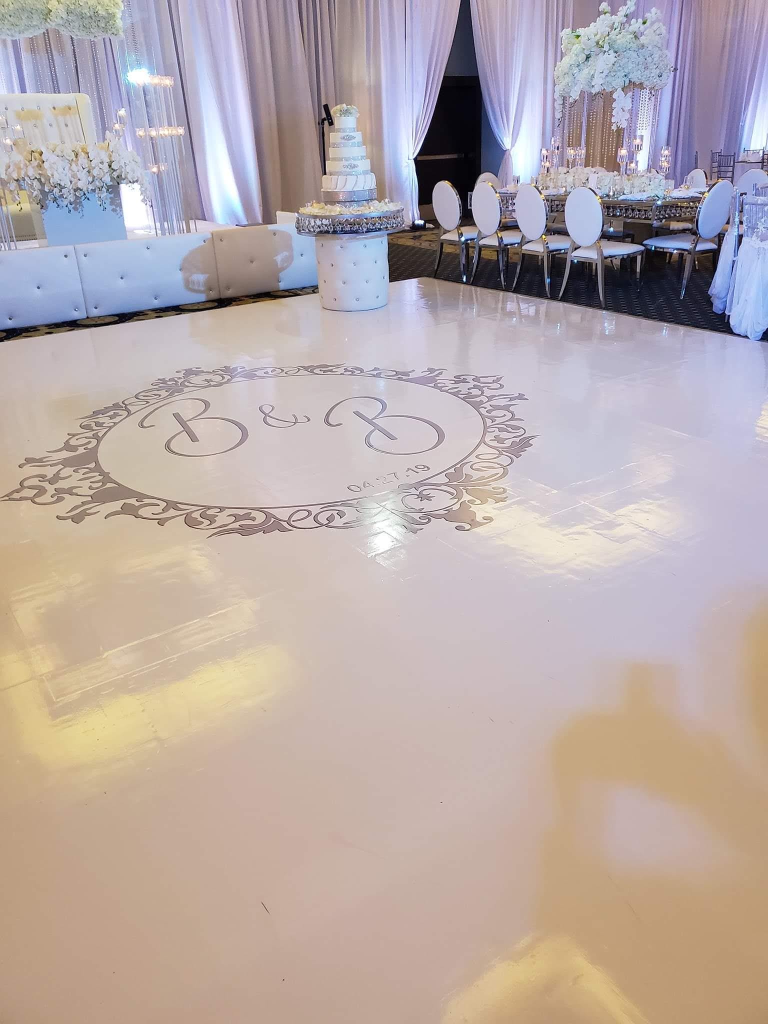 Custom Wedding Decal Dance Floor Wrap Gloss Removable Vinyl. Monogram Print and Vinyl to cover the entire dancefloor. Wedding logo design