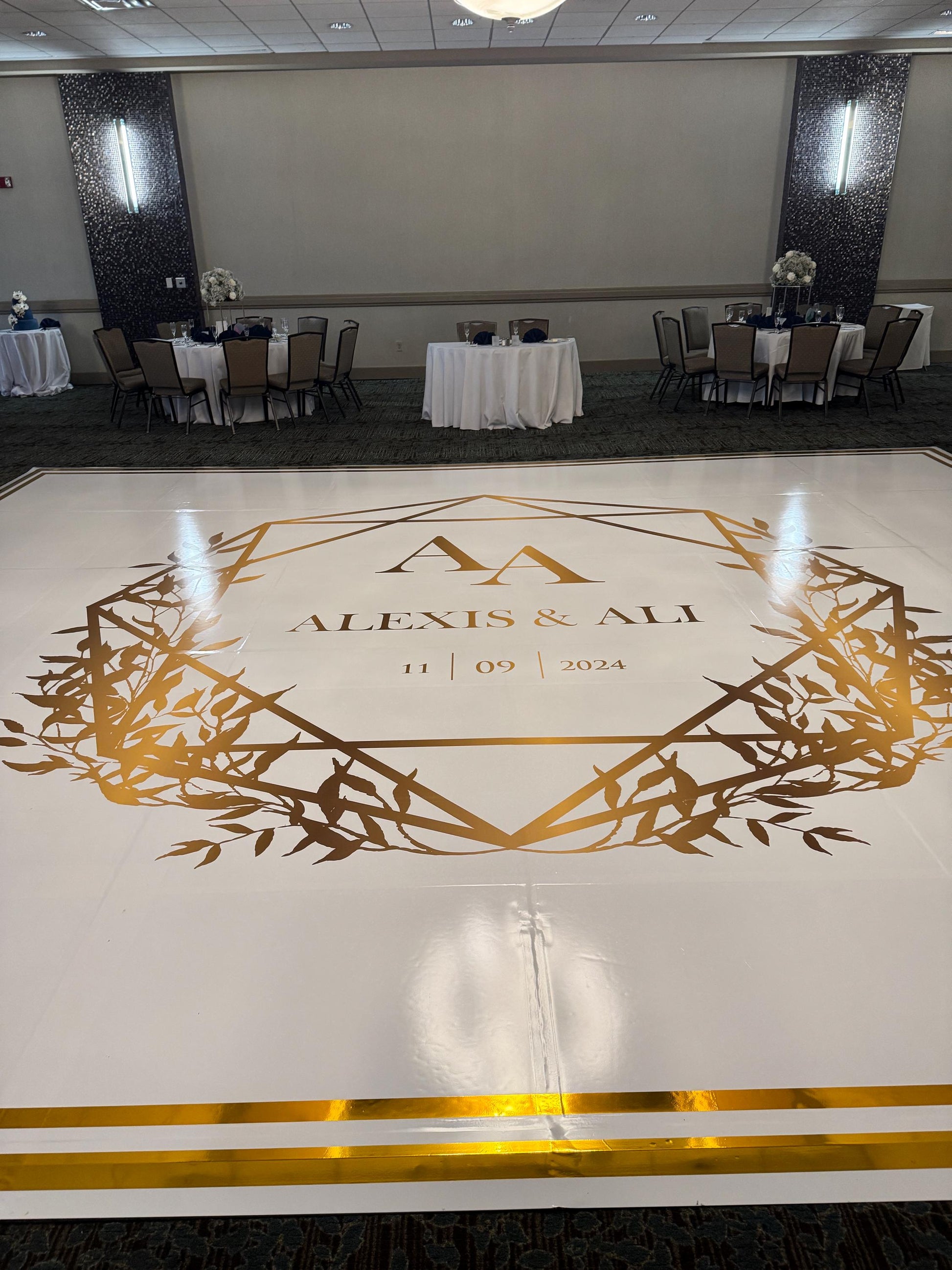 Custom Wedding Decal Dance Floor Wrap Gloss Removable Vinyl. Monogram Print and Vinyl to cover the entire dancefloor. Wedding logo design