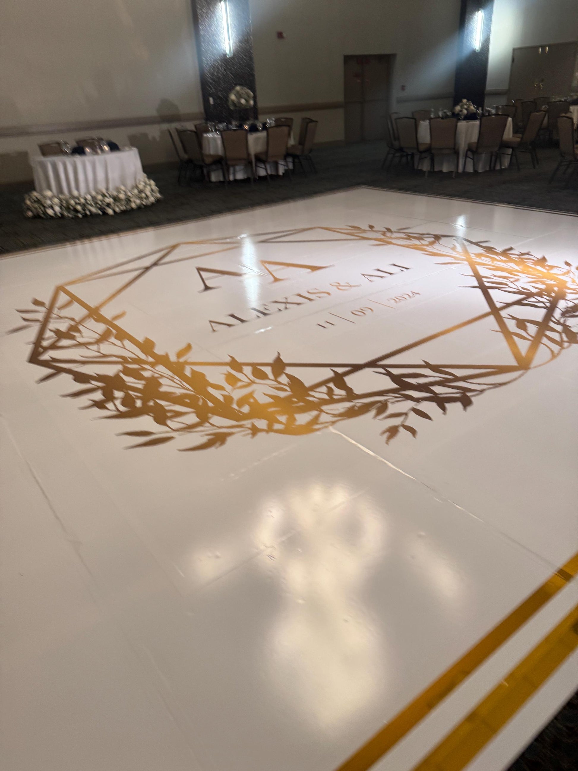 Custom Wedding Decal Dance Floor Wrap Gloss Removable Vinyl. Monogram Print and Vinyl to cover the entire dancefloor. Wedding logo design