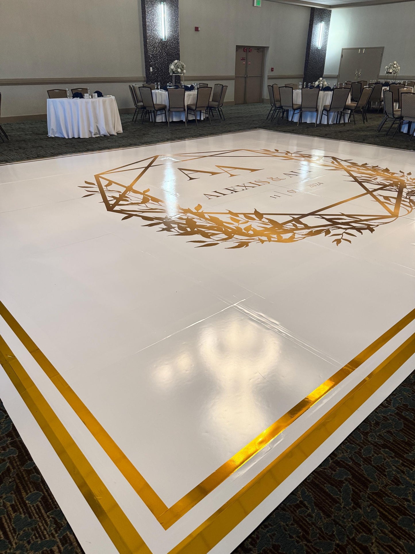 Custom Wedding Decal Dance Floor Wrap Gloss Removable Vinyl. Monogram Print and Vinyl to cover the entire dancefloor. Wedding logo design