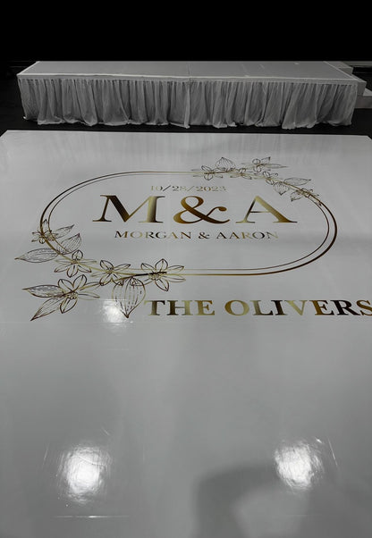 Custom Wedding Decal Dance Floor Wrap Gloss Removable Vinyl. Monogram Print and Vinyl to cover the entire dancefloor. Wedding logo design