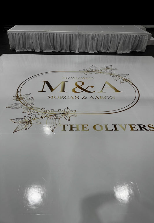 Custom Wedding Decal Dance Floor Wrap Gloss Removable Vinyl. Monogram Print and Vinyl to cover the entire dancefloor. Wedding logo design