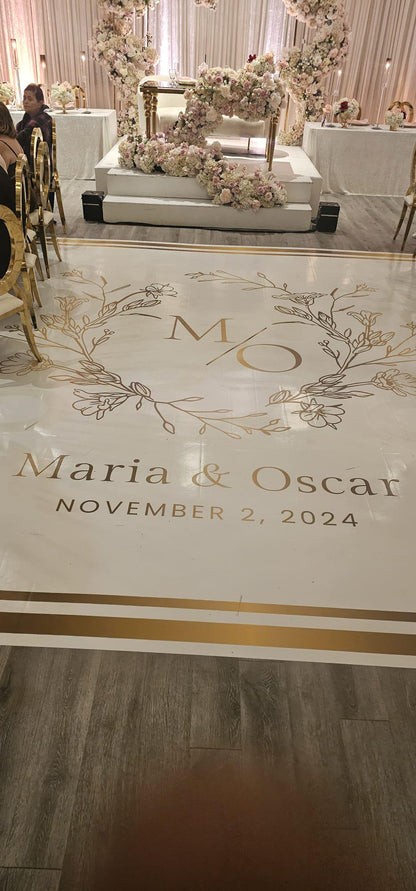 Custom Wedding Decal Dance Floor Wrap Gloss Removable Vinyl. Monogram Print and Vinyl to cover the entire dancefloor. Wedding logo design