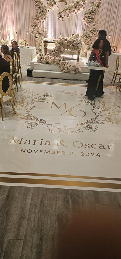 Custom Wedding Decal Dance Floor Wrap Gloss Removable Vinyl. Monogram Print and Vinyl to cover the entire dancefloor. Wedding logo design