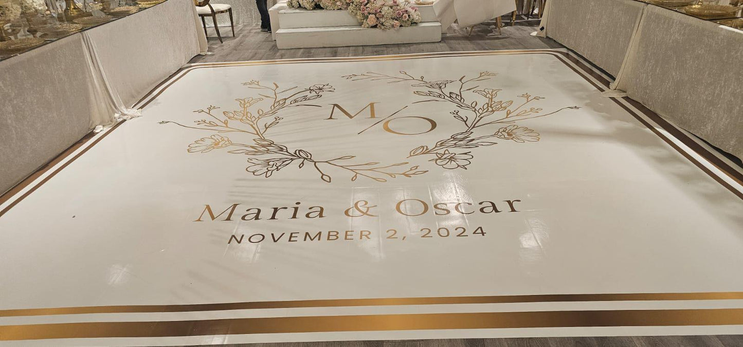 Custom Wedding Decal Dance Floor Wrap Gloss Removable Vinyl. Monogram Print and Vinyl to cover the entire dancefloor. Wedding logo design