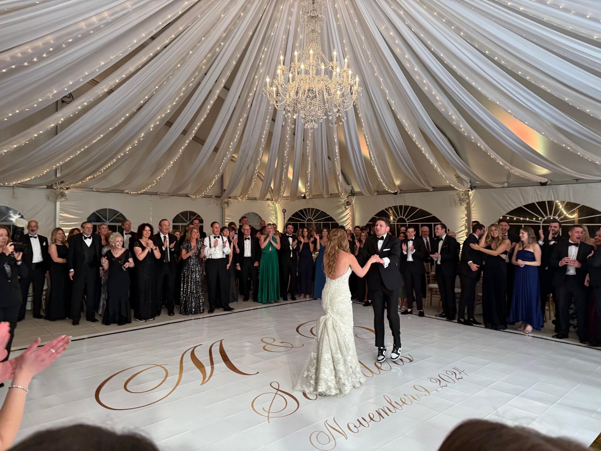 Custom Wedding Decal Dance Floor Wrap Gloss Removable Vinyl. Monogram Print and Vinyl to cover the entire dancefloor. Wedding logo design