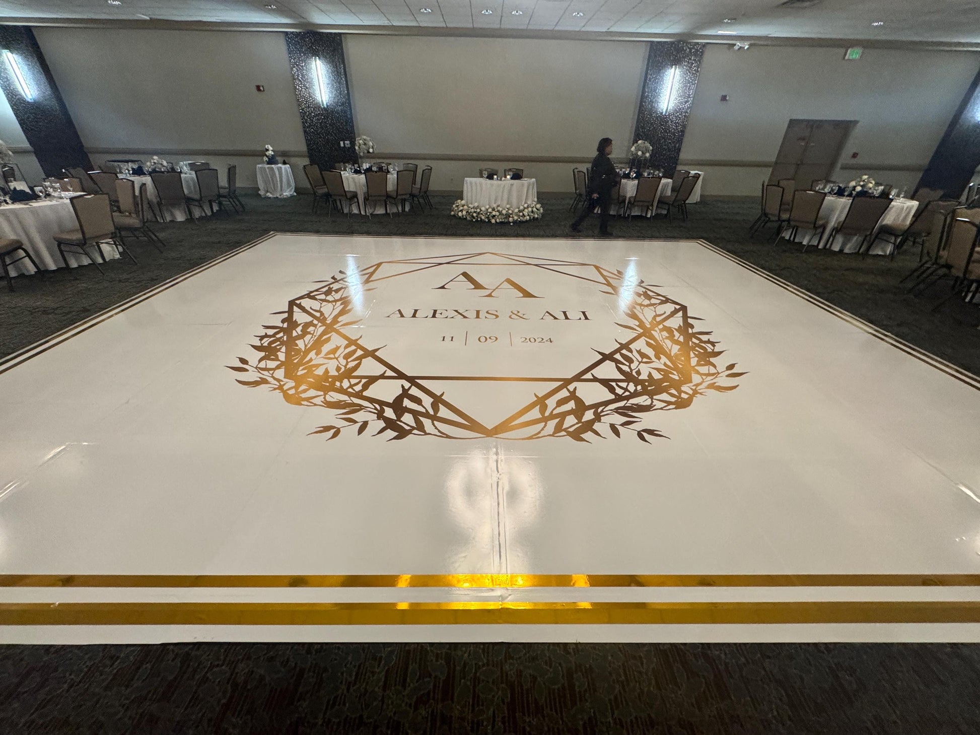Custom Wedding Decal Dance Floor Wrap Gloss Removable Vinyl. Monogram Print and Vinyl to cover the entire dancefloor. Wedding logo design