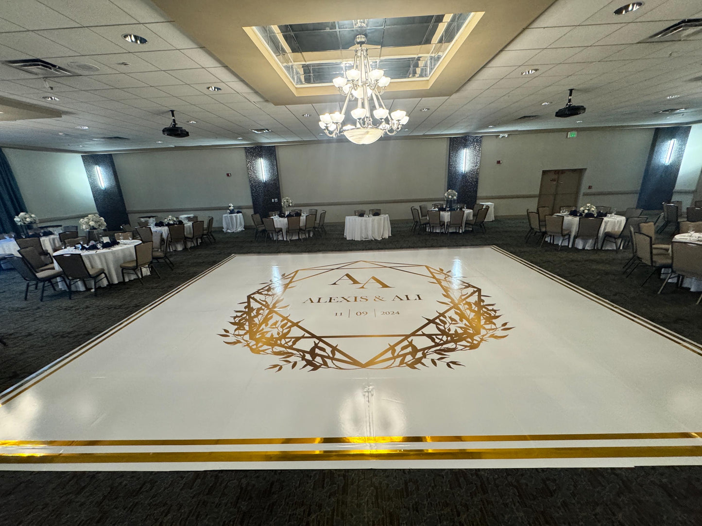 Custom Wedding Decal Dance Floor Wrap Gloss Removable Vinyl. Monogram Print and Vinyl to cover the entire dancefloor. Wedding logo design