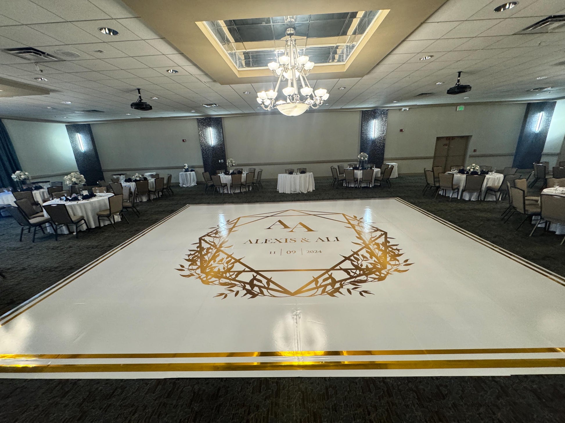 Custom Wedding Decal Dance Floor Wrap Gloss Removable Vinyl. Monogram Print and Vinyl to cover the entire dancefloor. Wedding logo design