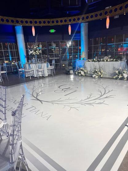 Custom Wedding Decal Dance Floor Wrap Gloss Removable Vinyl. Monogram Print and Vinyl to cover the entire dancefloor. Wedding logo design