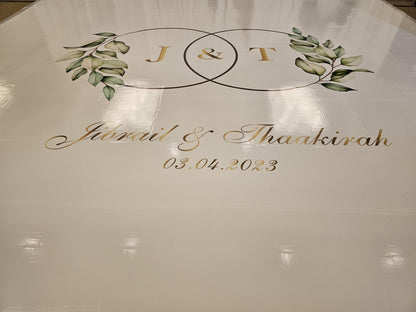 Custom Wedding Decal Dance Floor Wrap Gloss Removable Vinyl. Monogram Print and Vinyl to cover the entire dancefloor. Wedding logo design