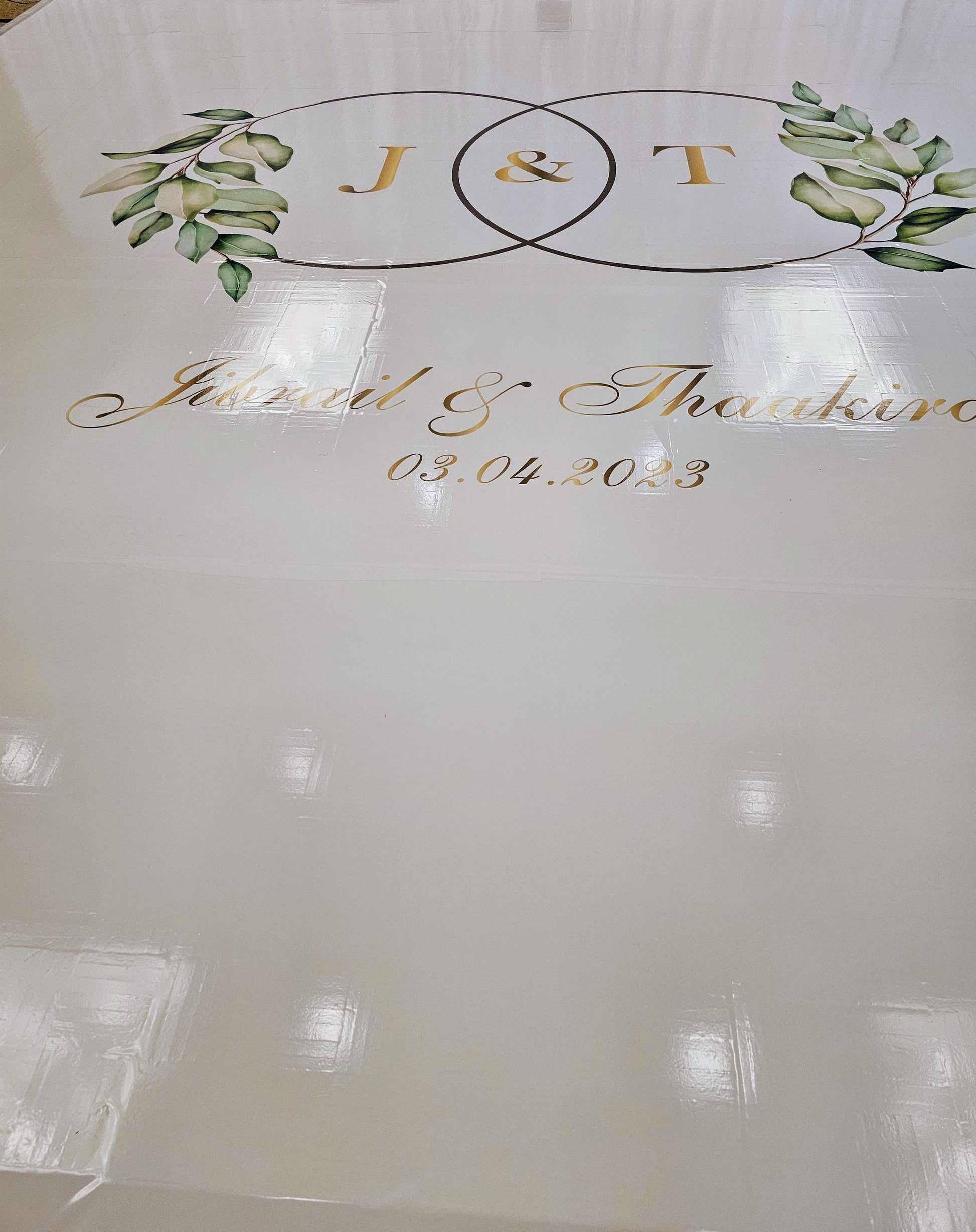 Custom Wedding Decal Dance Floor Wrap Gloss Removable Vinyl. Monogram Print and Vinyl to cover the entire dancefloor. Wedding logo design