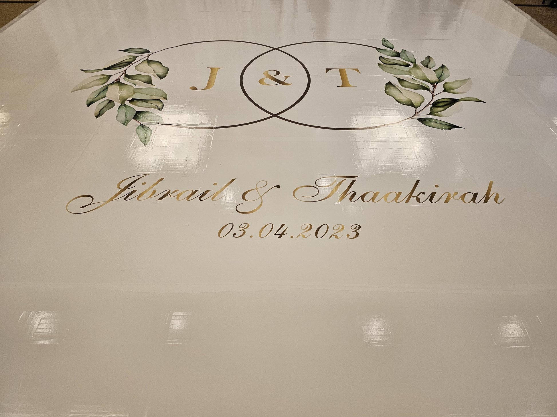 Custom Wedding Decal Dance Floor Wrap Gloss Removable Vinyl. Monogram Print and Vinyl to cover the entire dancefloor. Wedding logo design