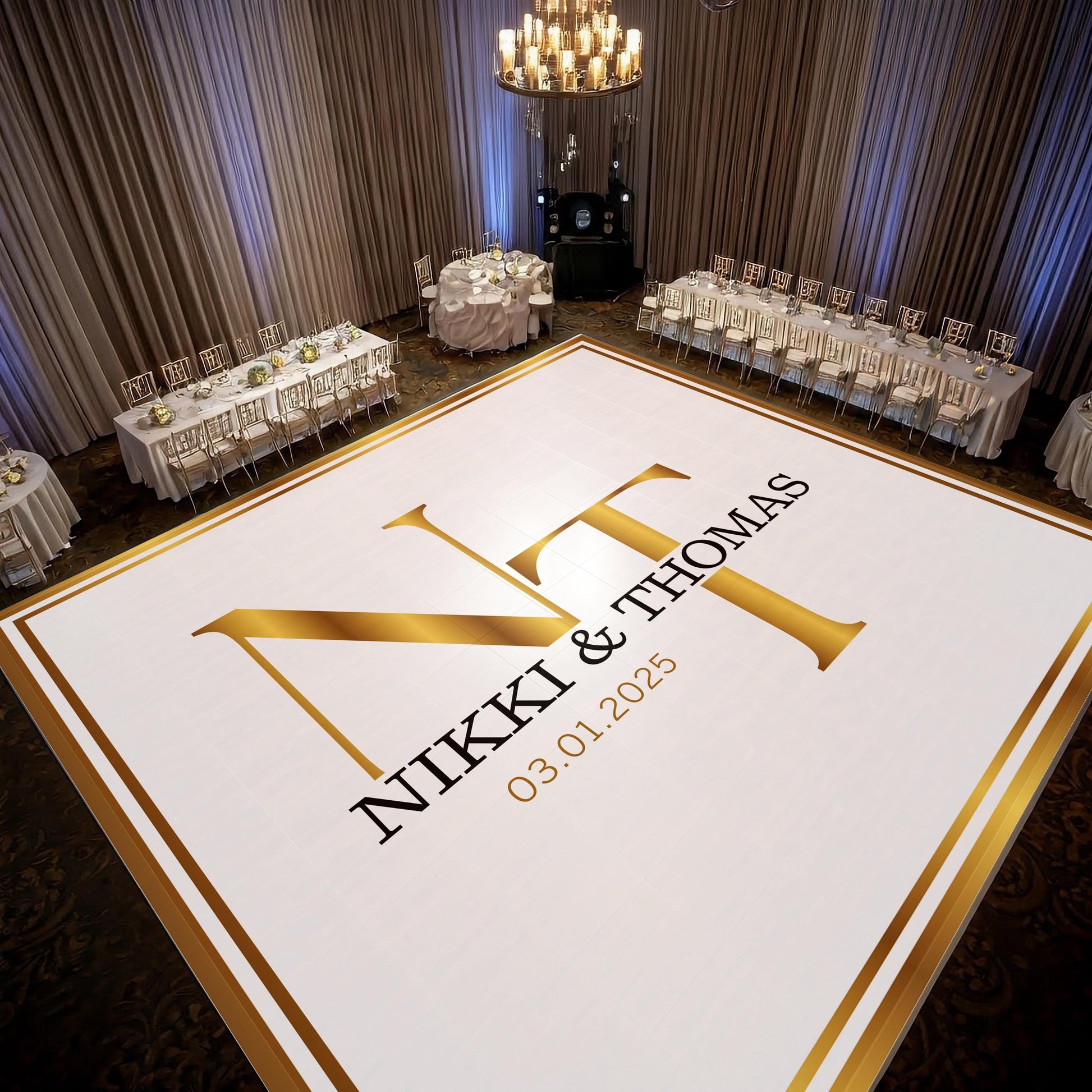 Custom Wedding Decal Dance Floor Wrap Gloss Removable Vinyl. Monogram Print and Vinyl to cover the entire dancefloor. Wedding logo design