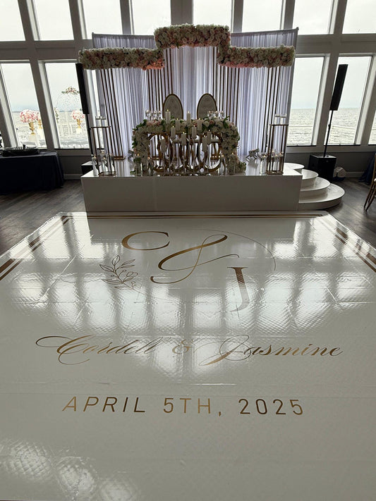 Custom Wedding Decal Dance Floor Wrap Gloss Removable Vinyl. Monogram Print and Vinyl to cover the entire dancefloor. Wedding logo design