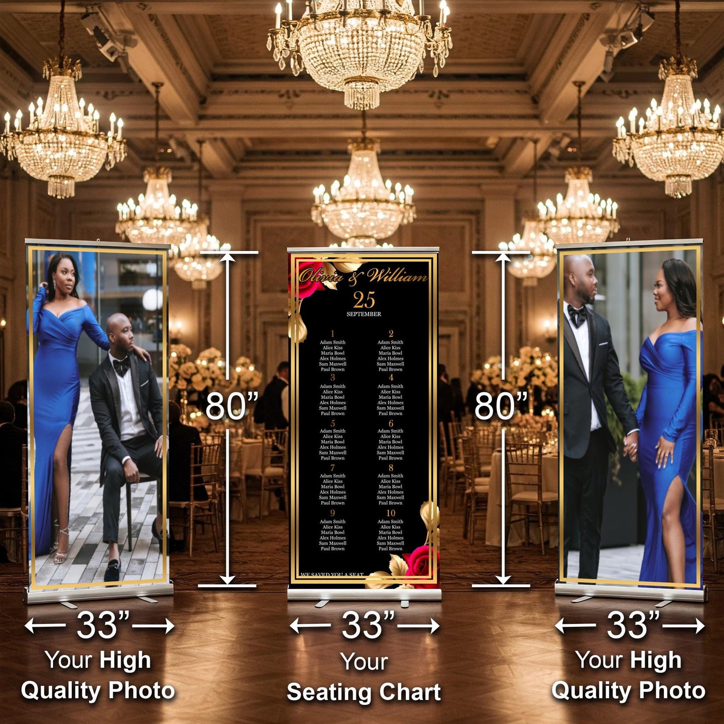 Two Customizable Photos & One Wedding Seating Chart Retractable Banner, Event Photo Banners, Seating chart, Roll Up Banner, Free Shipping